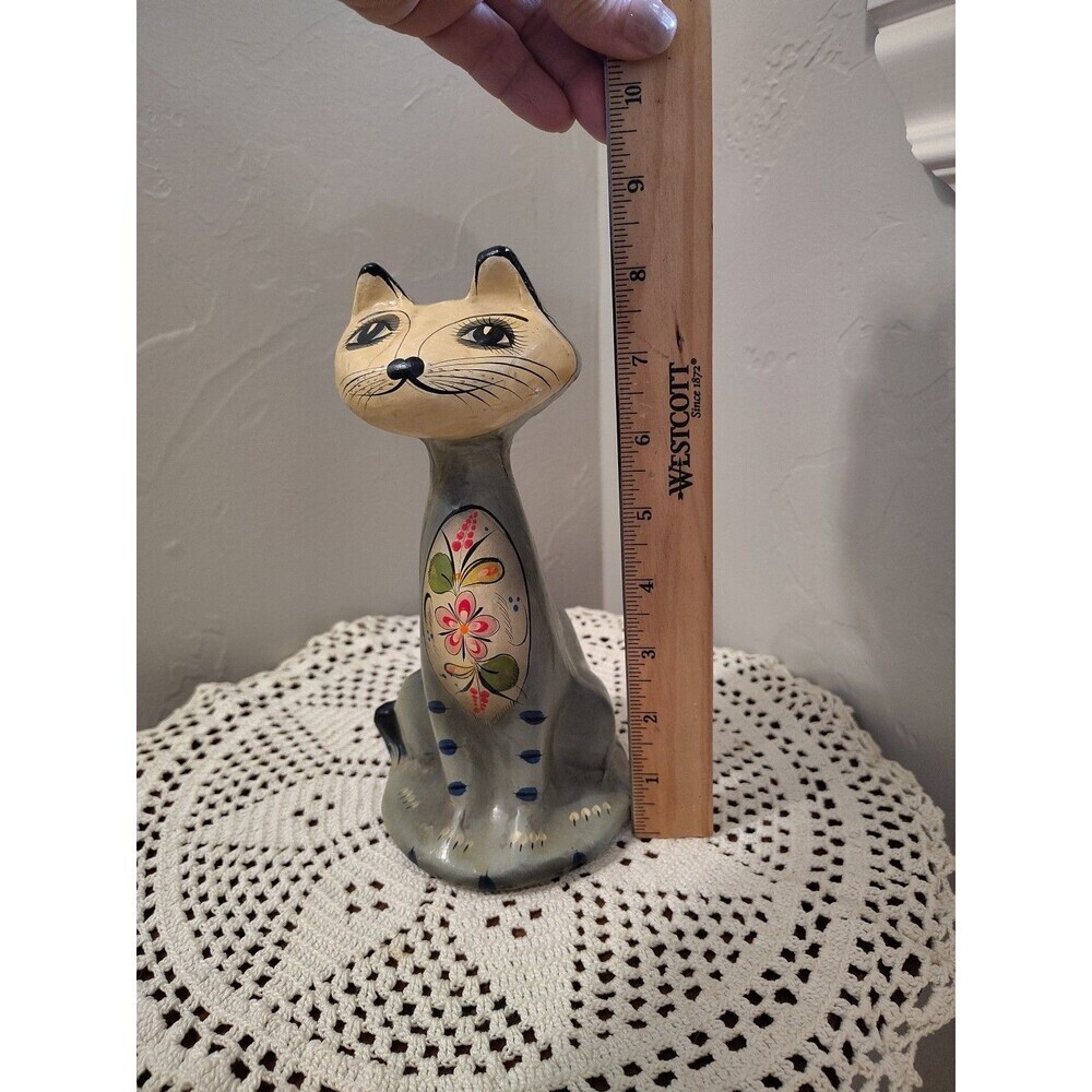 Handpainted Tall Cat Long Neck Folk Art Paper Mache Multicolor Home Decor 8" - Picture 13 of 13